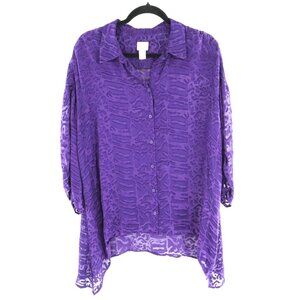 Chico's Silk‎ Top Womens L Purple Artsy Flowy Boho Chic Quiet Luxury Burnout